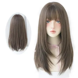 Long Brown Straight Wig with Bangs Synthetic High Density Natural Long Hair Wig for Women Cosplay (Cold Brown, 22inch)