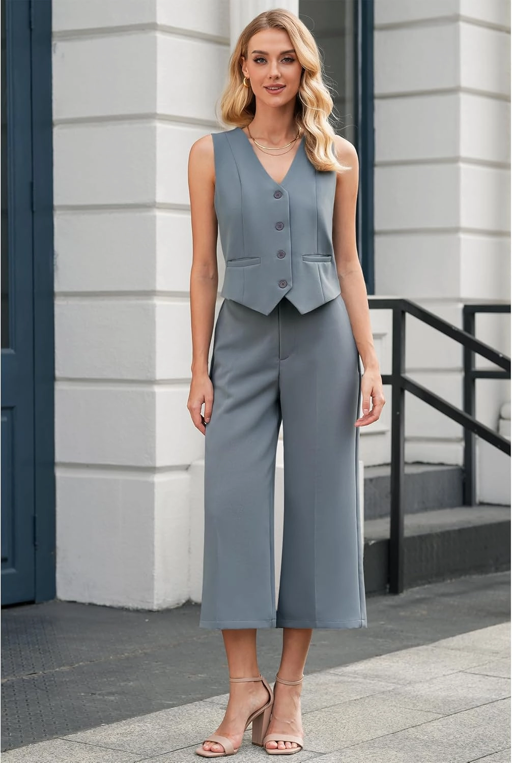 LookbookStore Pant Suits for Women Dressy Two Piece Business Casual Outfits Sleeveless Blazer Summer Vest and Pants Sets