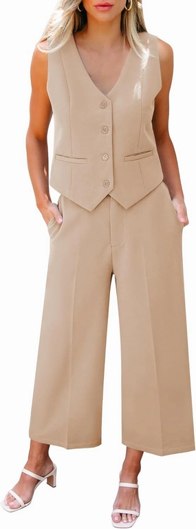 LookbookStore Pant Suits for Women Dressy Two Piece Business Casual Outfits Sleeveless Blazer Summer Vest and Pants Sets