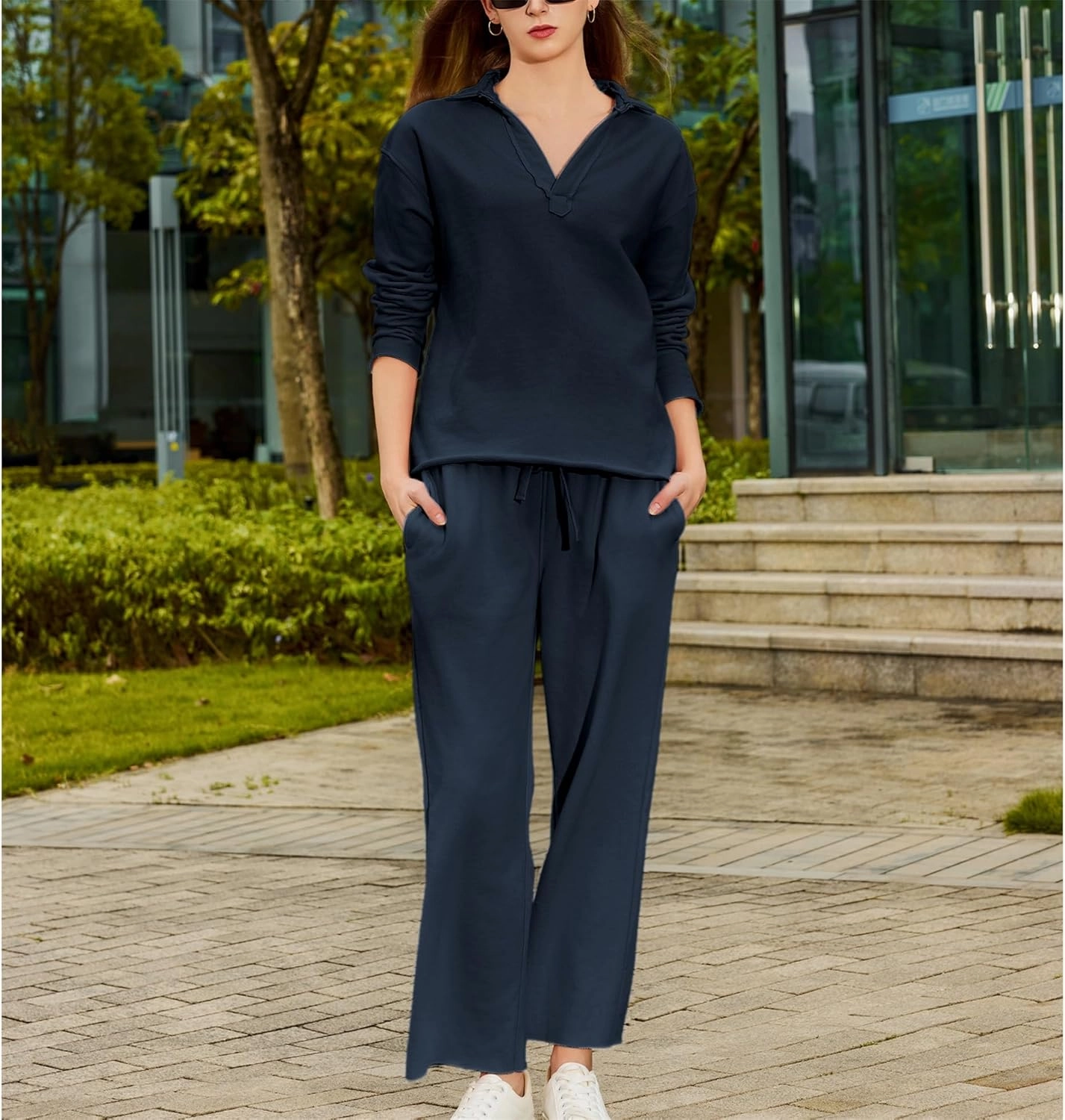 Lounge Sets for Women 2 Piece Outfits Long Sleeve V Neck Pullover Sweatshirts Wide Leg Pants Travel Tracksuit Set