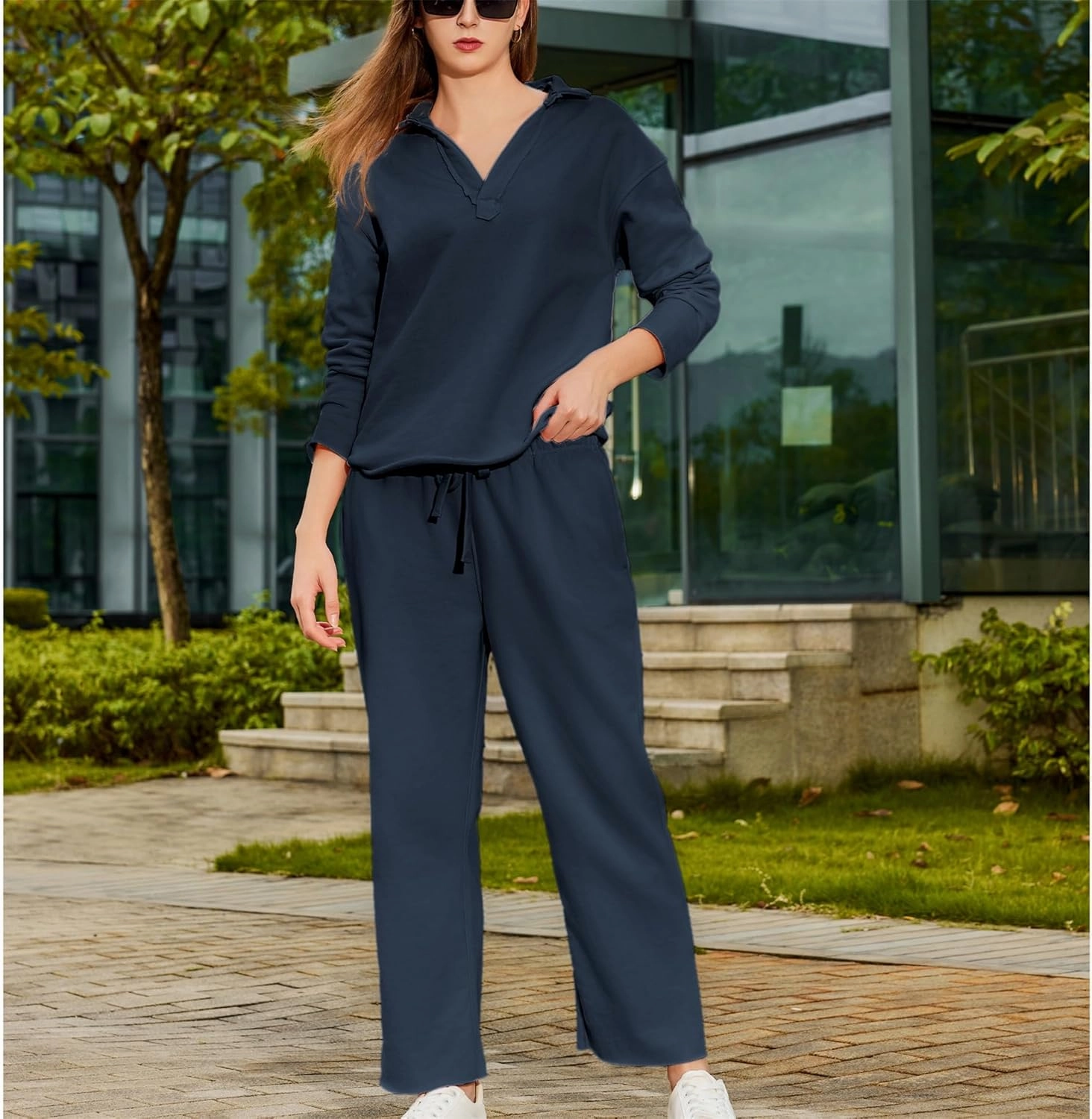 Lounge Sets for Women 2 Piece Outfits Long Sleeve V Neck Pullover Sweatshirts Wide Leg Pants Travel Tracksuit Set