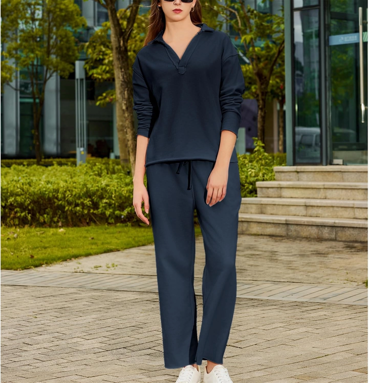 Lounge Sets for Women 2 Piece Outfits Long Sleeve V Neck Pullover Sweatshirts Wide Leg Pants Travel Tracksuit Set