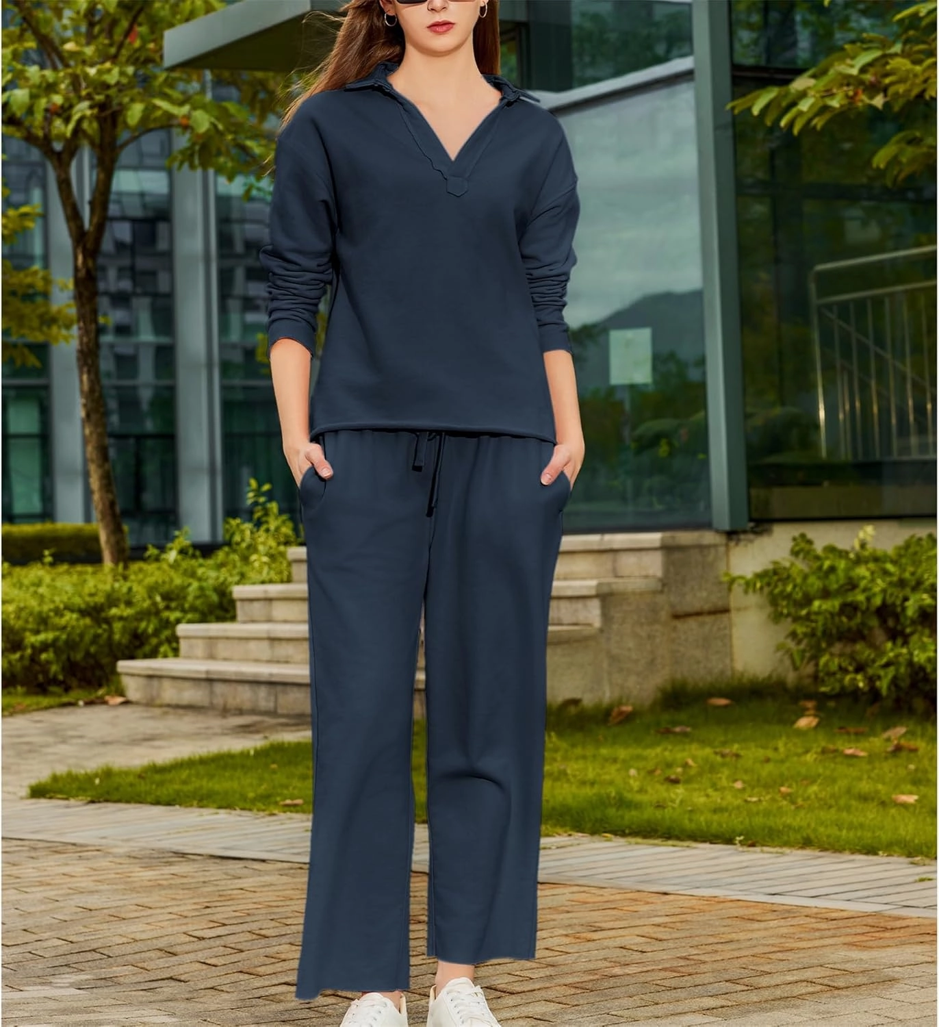 Lounge Sets for Women 2 Piece Outfits Long Sleeve V Neck Pullover Sweatshirts Wide Leg Pants Travel Tracksuit Set