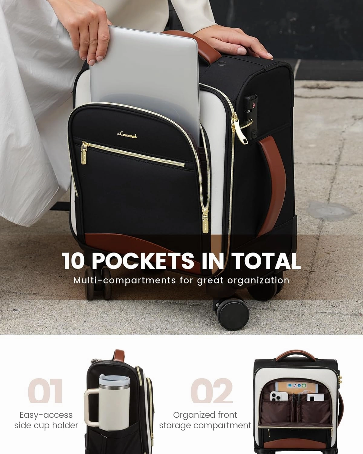 LOVEVOOK Underseat Carry On Luggage With Wheels, 16 Inch Softside Underseat Luggage Spinner, 18x14x8 inches Travel Bag With TSA Lock, Water-Resistant Lightwhight Personal Item for Travel