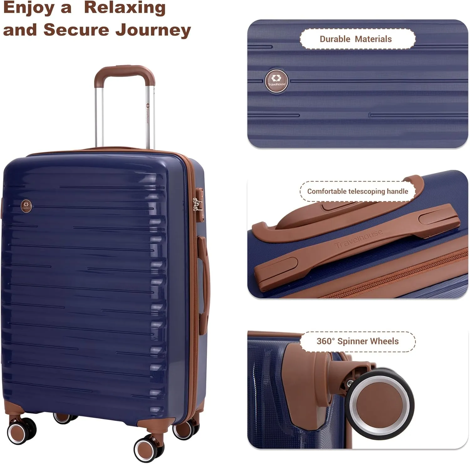 Luggage set 5 Piece Suitcases with Wheels, Lightweight PP Hardshell Carry On and Checked luggage with TSA lock a travel bag and a toiletry bag (20/24/28), Navy