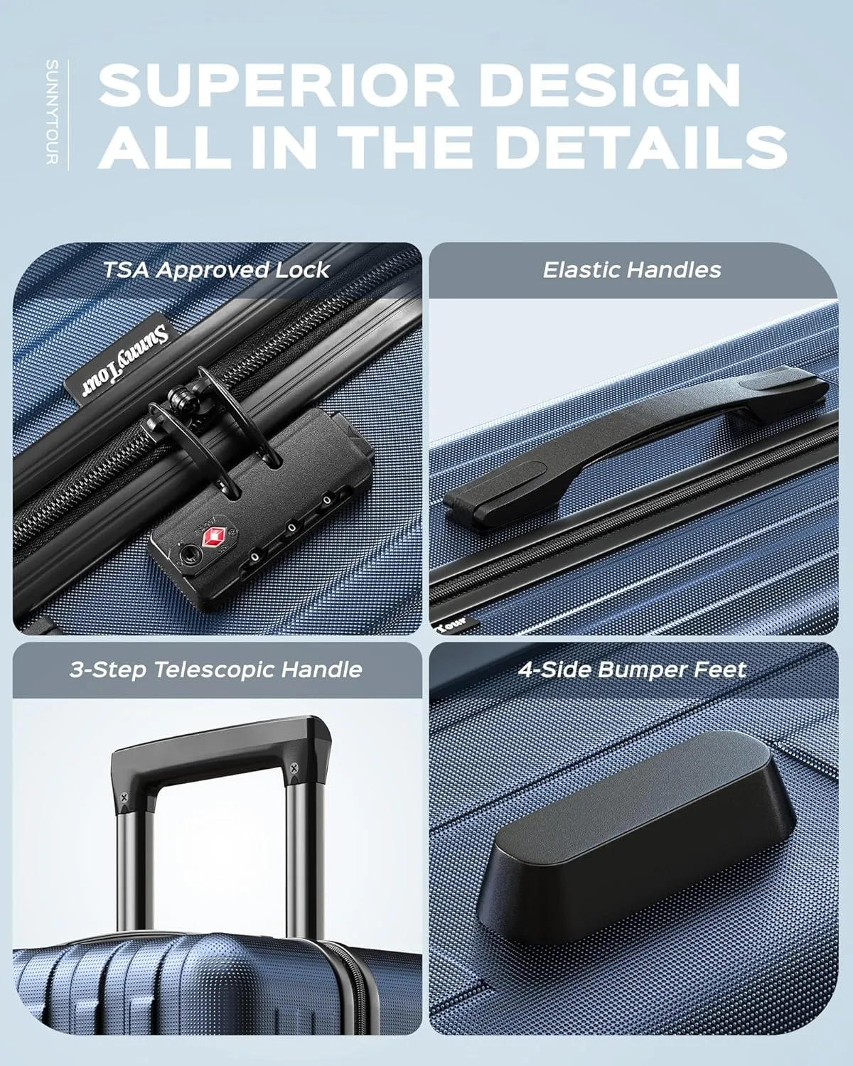 Luggage Sets 3 Piece Hardside Suitcase with Double Spinner Wheels Tsa Lock (20/24/28in) Blue