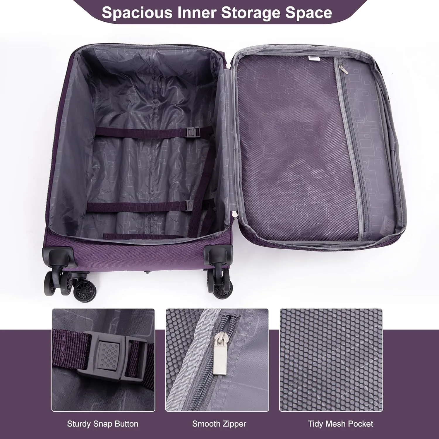 Luggage Sets 5 Piece Softside Expandable Suitcase set With Spinner Wheels Duffel Bag And Toiletry Bag, Lightweight Carry-On And Checked Luggage (10" 16" 18" 23" 27"), Purple