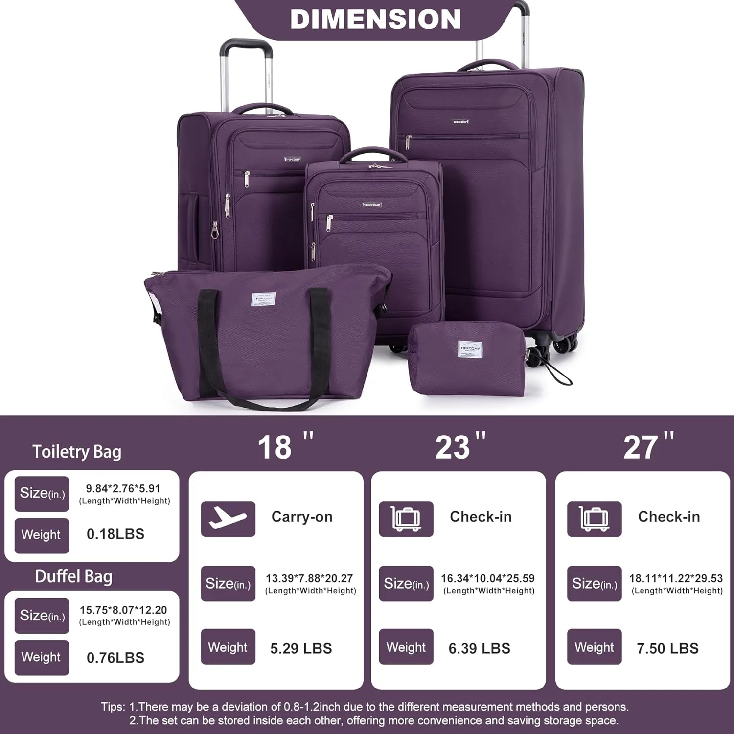 Luggage Sets 5 Piece Softside Expandable Suitcase set With Spinner Wheels Duffel Bag And Toiletry Bag, Lightweight Carry-On And Checked Luggage (10" 16" 18" 23" 27"), Purple