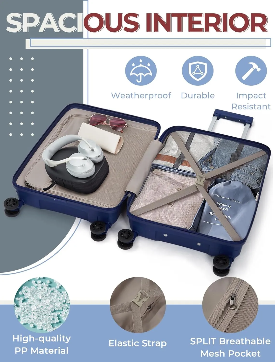Luggage Sets 5 Piece, Suitcases with Wheels, Hardshell Suitcase Set, PP Carry on Luggage Set with TSA Lock, Travel Luggage