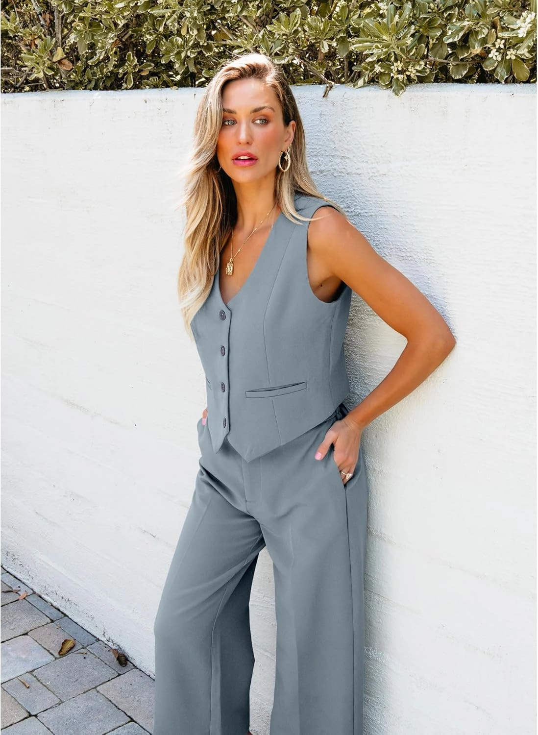 luvamia Pant Suits for Women Dressy Casual 2 Piece Sets Sleeveless Blazer Vest with Wide Leg Capri Pants Work Outfit