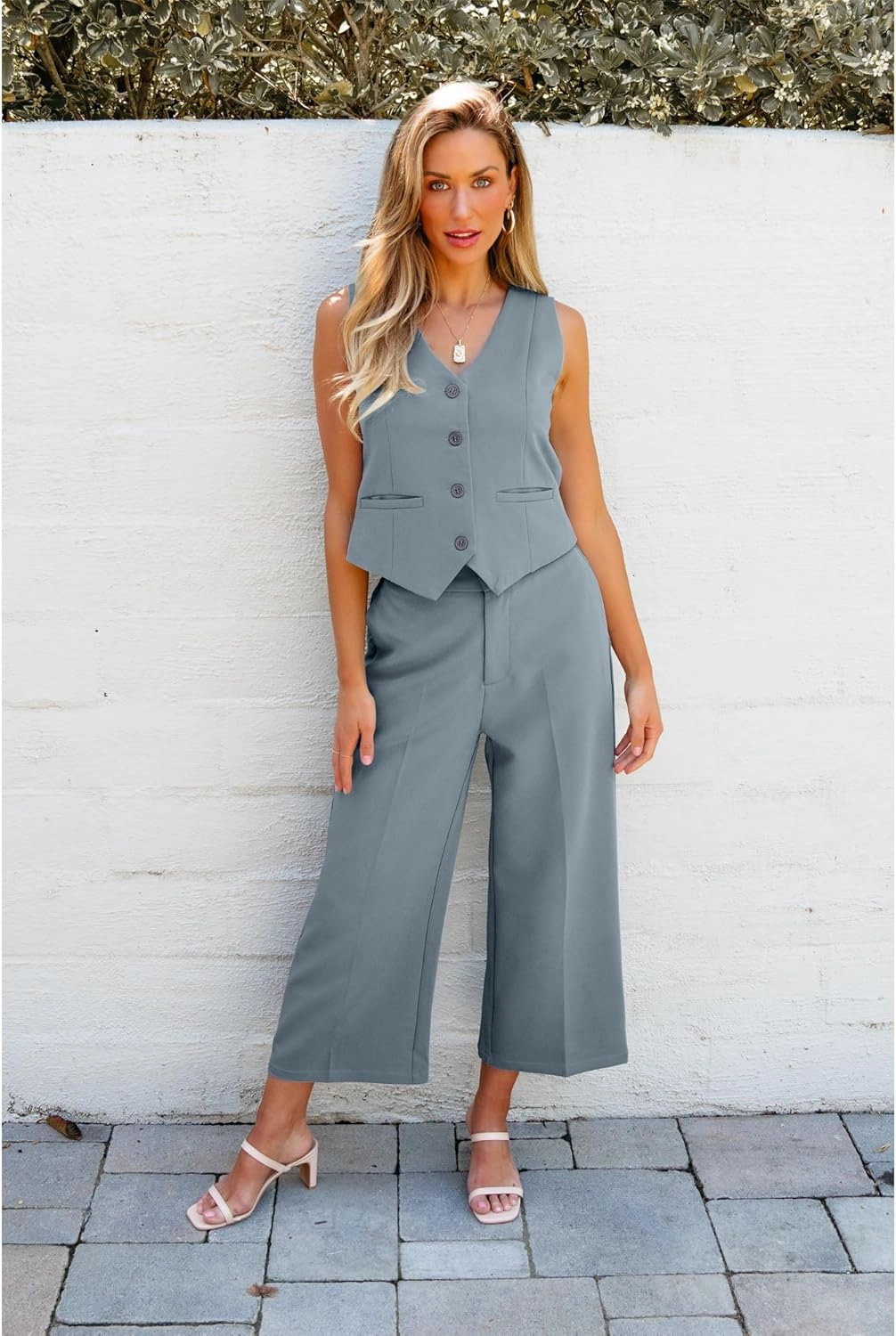 luvamia Pant Suits for Women Dressy Casual 2 Piece Sets Sleeveless Blazer Vest with Wide Leg Capri Pants Work Outfit