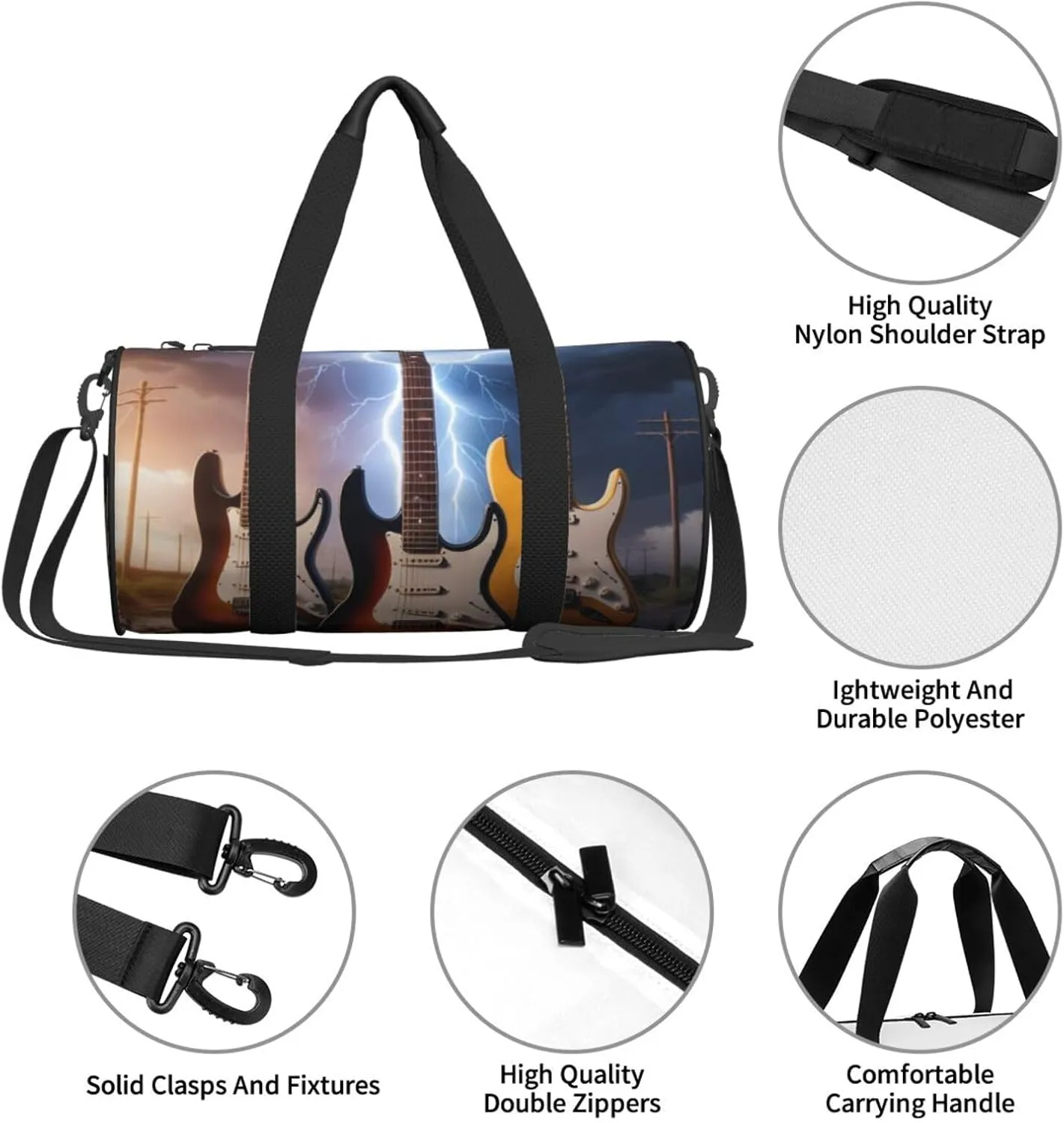 Magic Electric Guitar Music Printed Travel Bag,Round Personal Item Storage bag,Foldie Duffel Bag for Traveling Vacation,Fitness,Sports