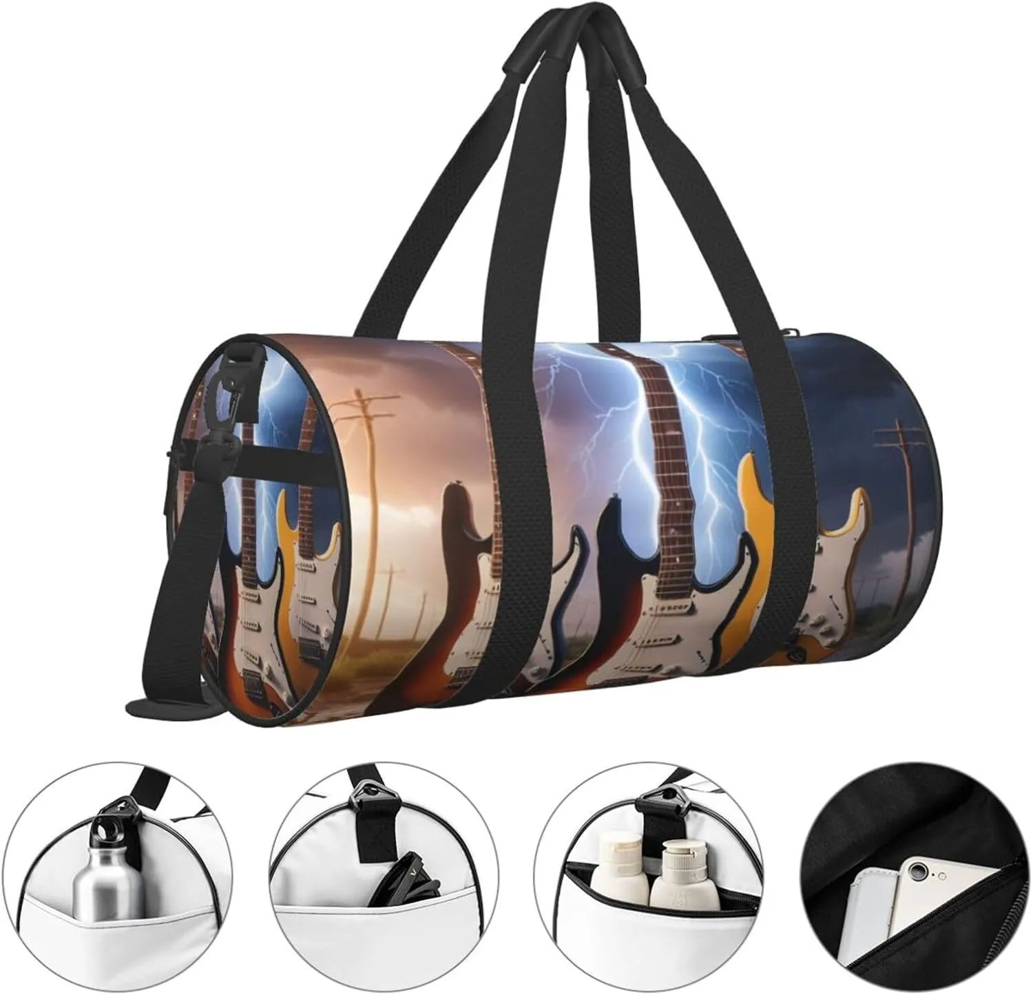 Magic Electric Guitar Music Printed Travel Bag,Round Personal Item Storage bag,Foldie Duffel Bag for Traveling Vacation,Fitness,Sports