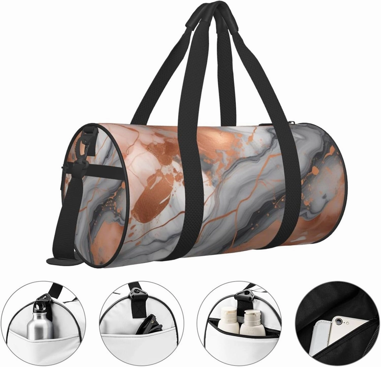 Marble Texture Copper Splatter Printed Travel Bag,Round Personal Item Storage bag,Foldie Duffel Bag for Traveling Vacation,Fitness,Sports