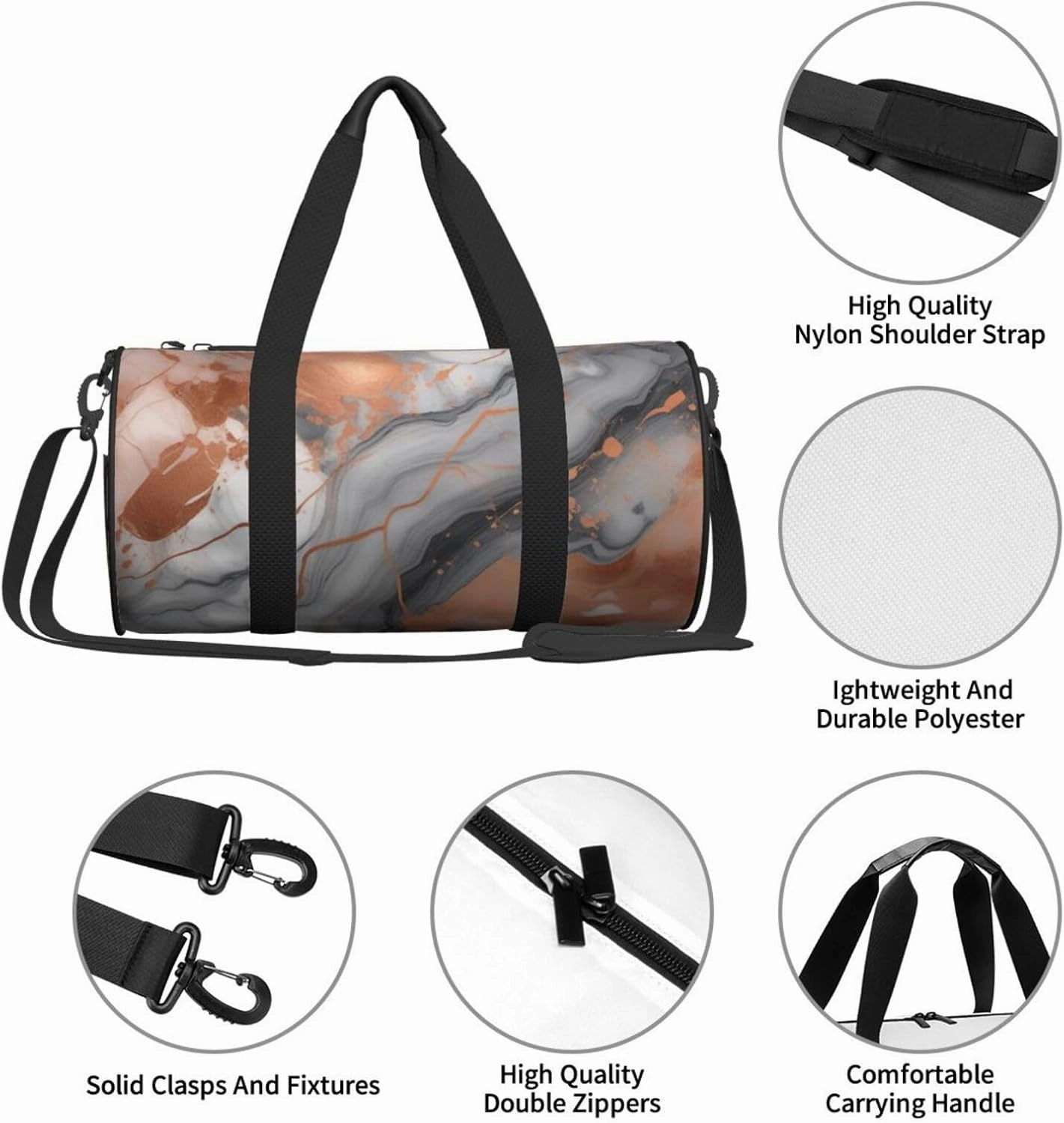 Marble Texture Copper Splatter Printed Travel Bag,Round Personal Item Storage bag,Foldie Duffel Bag for Traveling Vacation,Fitness,Sports
