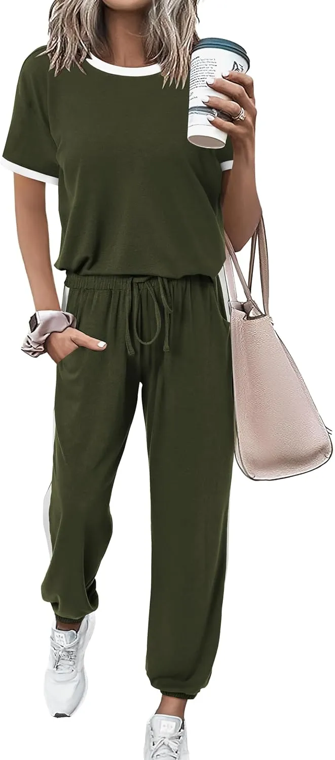 MASCOMODA Womens 2 Piece Outfits 2025 Summer Tracksuit Sets Short Sleeve Tops Travel Long Pants Jogger Lounge Set