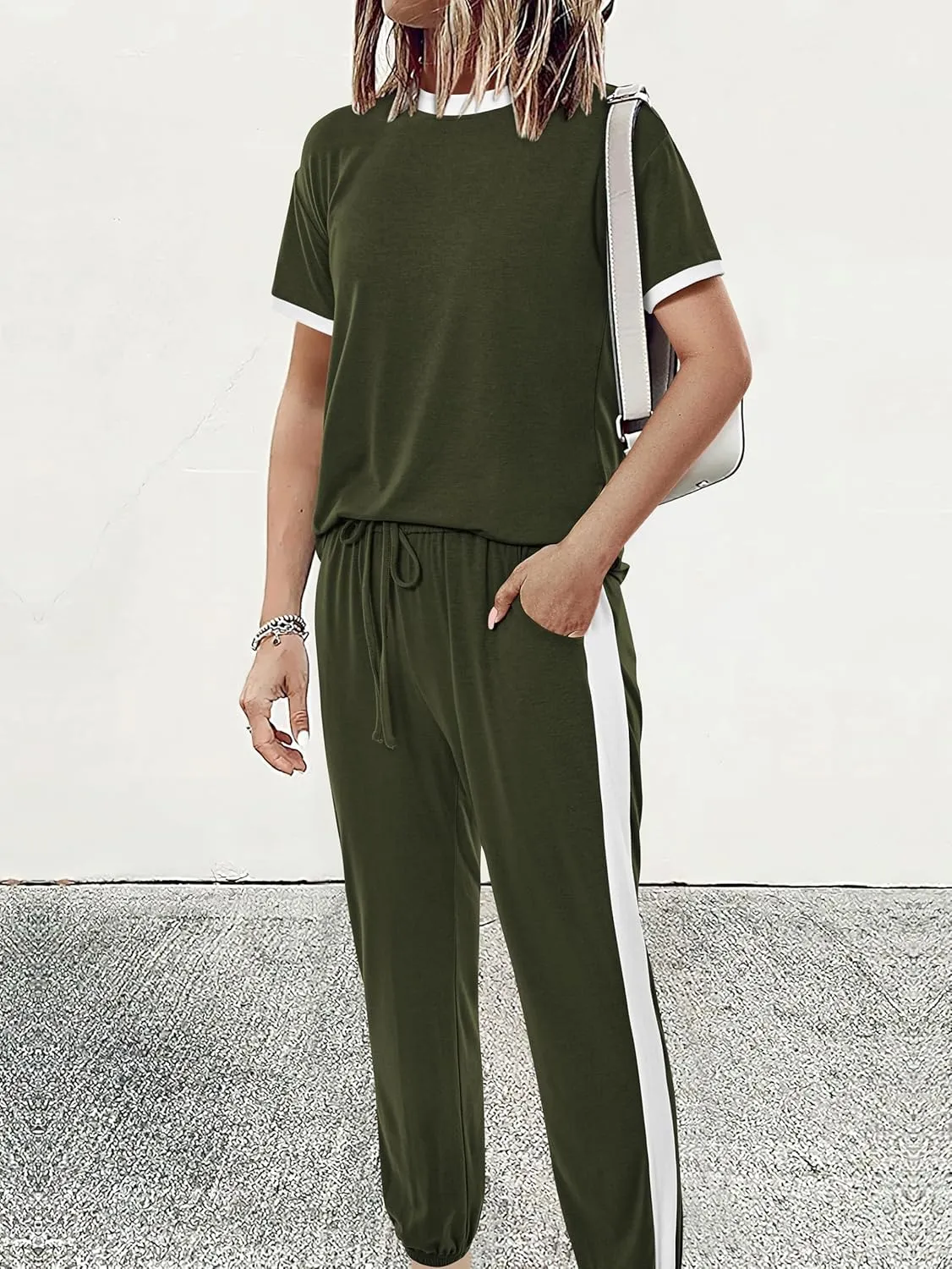MASCOMODA Womens 2 Piece Outfits 2025 Summer Tracksuit Sets Short Sleeve Tops Travel Long Pants Jogger Lounge Set