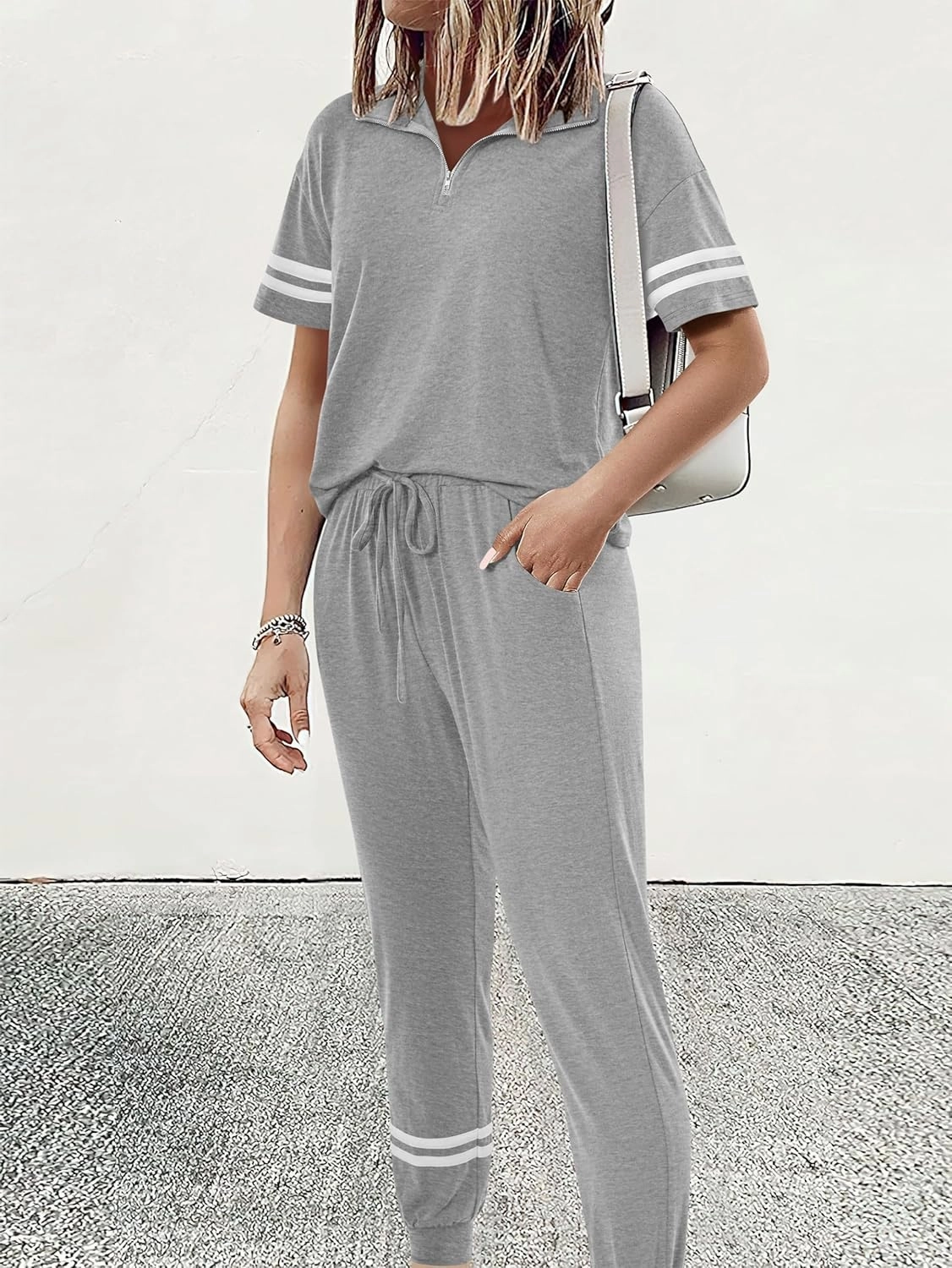 MASCOMODA 2 Piece Outfits for Women 2025 Summer Casual Quarter Zip Short Sleeve Tops Long Pants Tracksuit Jogger Lounge Sets