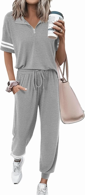 MASCOMODA 2 Piece Outfits for Women 2025 Summer Casual Quarter Zip Short Sleeve Tops Long Pants Tracksuit Jogger Lounge Sets