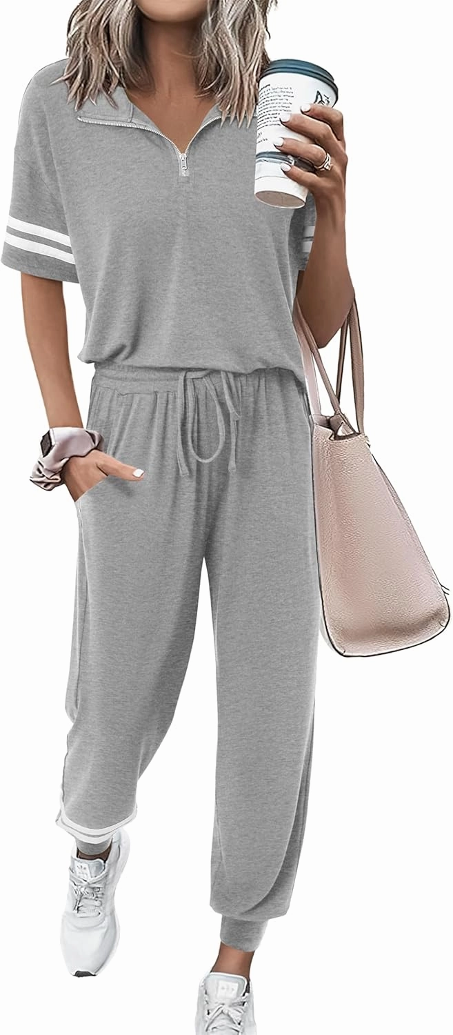 MASCOMODA 2 Piece Outfits for Women 2025 Summer Casual Quarter Zip Short Sleeve Tops Long Pants Tracksuit Jogger Lounge Sets