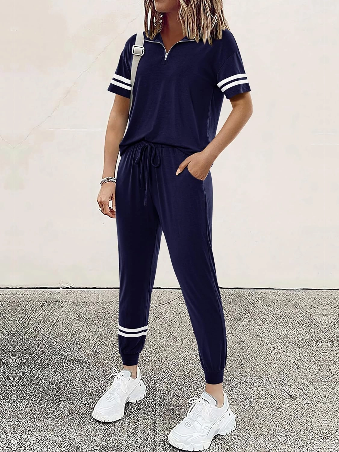 MASCOMODA 2 Piece Outfits for Women 2025 Summer Casual Quarter Zip Short Sleeve Tops Long Pants Tracksuit Jogger Lounge Sets