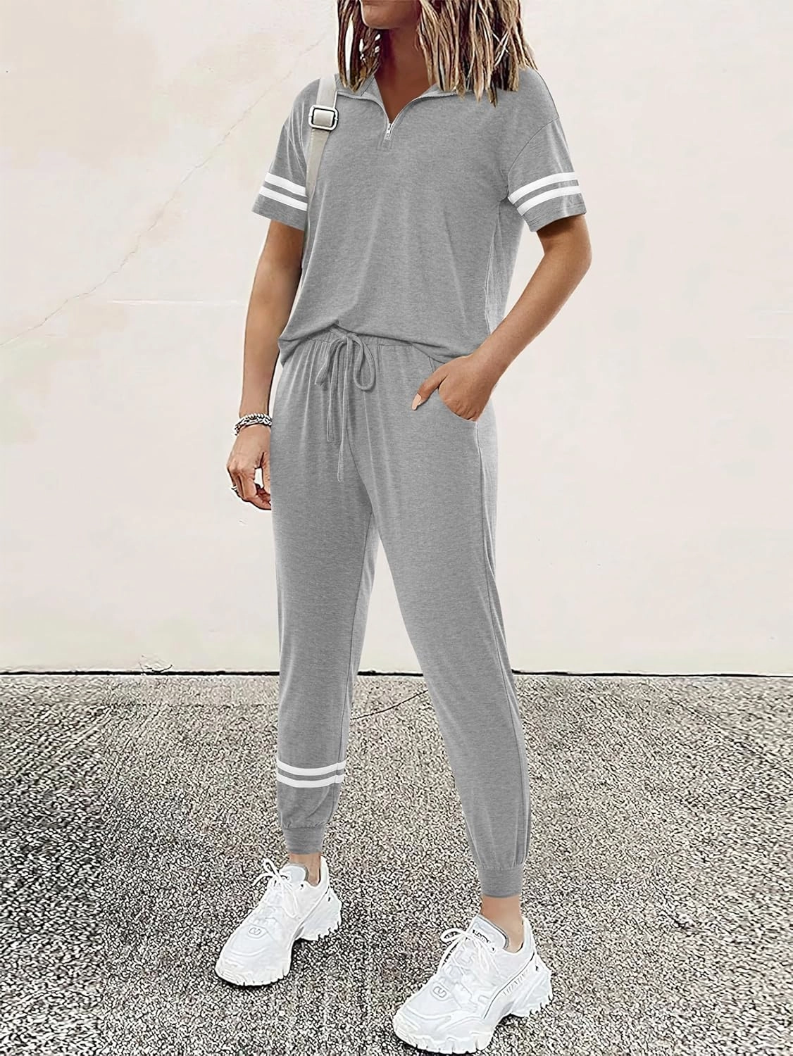 MASCOMODA 2 Piece Outfits for Women 2025 Summer Casual Quarter Zip Short Sleeve Tops Long Pants Tracksuit Jogger Lounge Sets