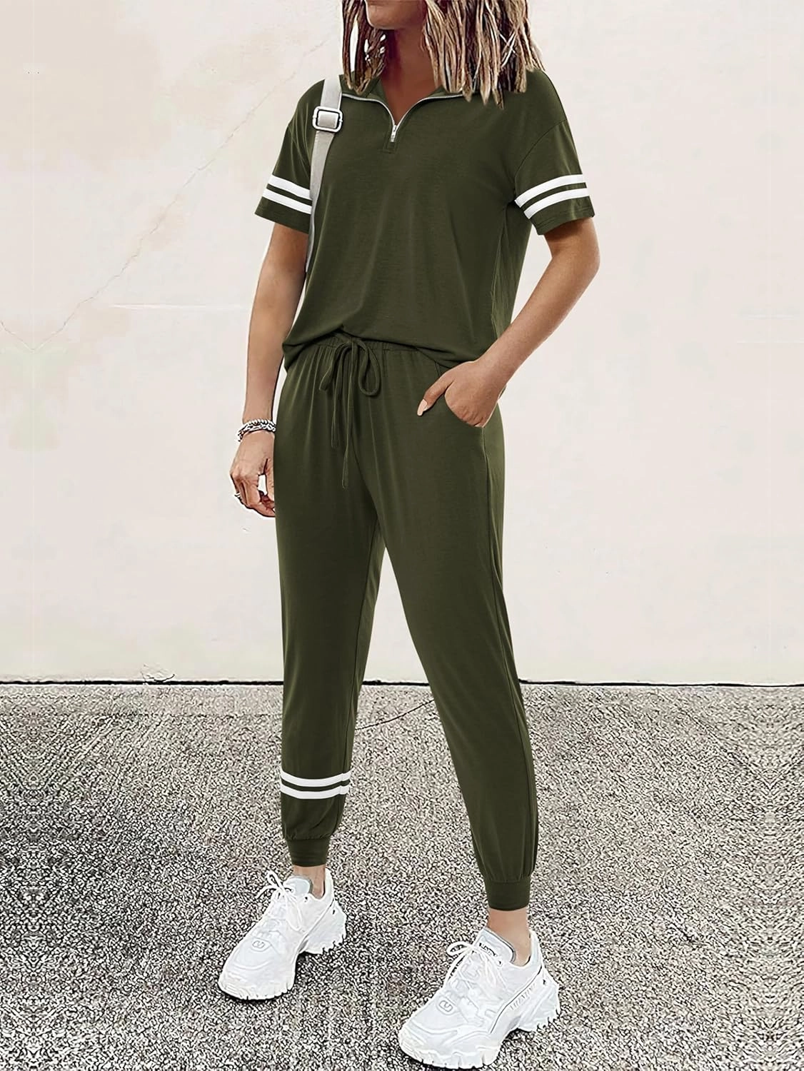 MASCOMODA 2 Piece Outfits for Women 2025 Summer Casual Quarter Zip Short Sleeve Tops Long Pants Tracksuit Jogger Lounge Sets