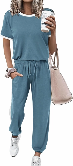 MASCOMODA Womens 2 Piece Outfits 2025 Summer Tracksuit Sets Short Sleeve Tops Travel Long Pants Jogger Lounge Set