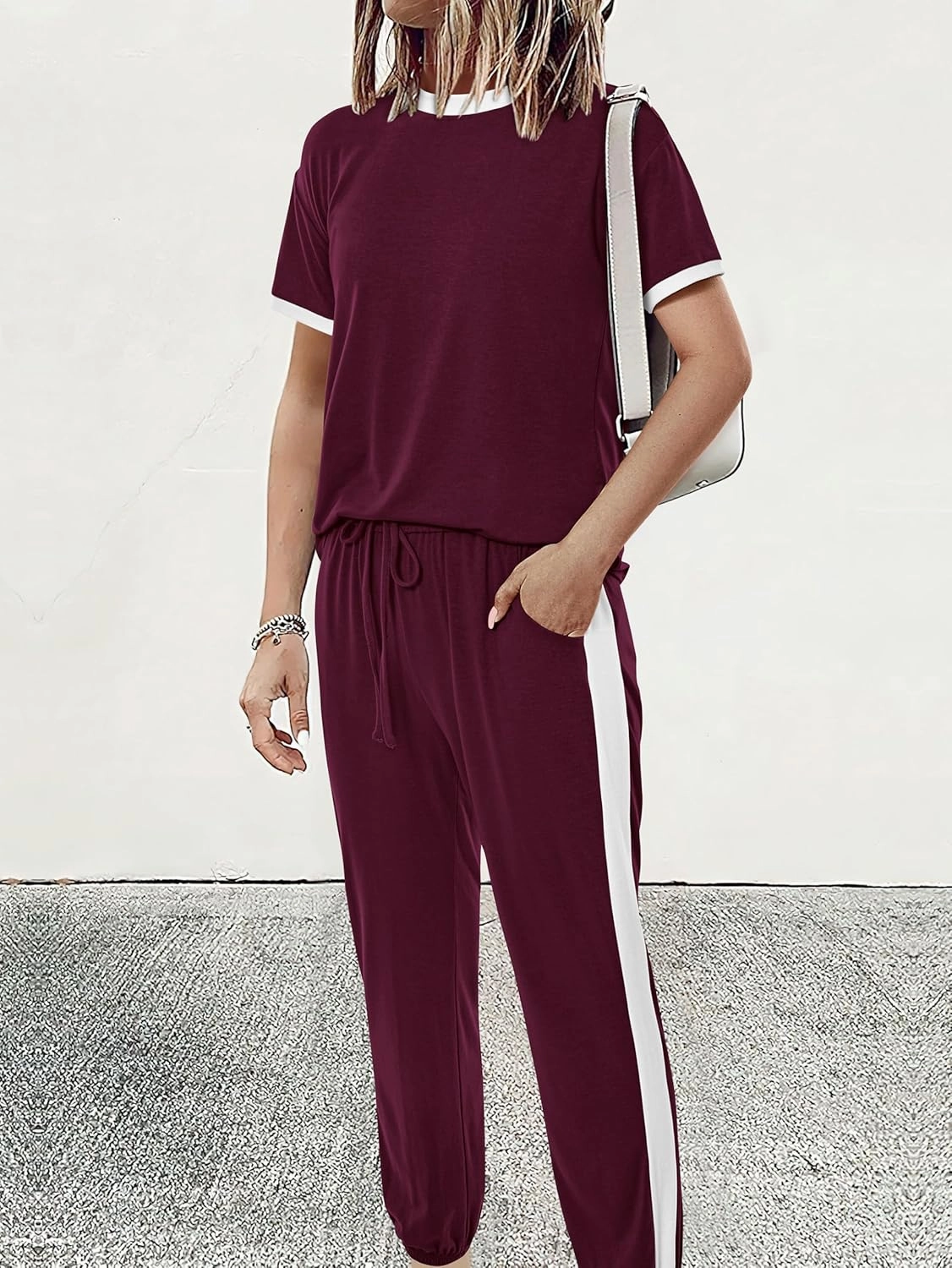 MASCOMODA Womens 2 Piece Outfits 2025 Summer Tracksuit Sets Short Sleeve Tops Travel Long Pants Jogger Lounge Set