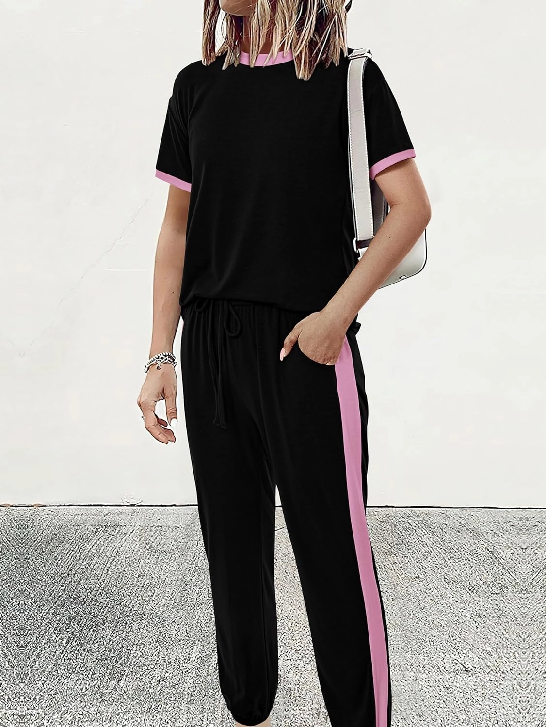 MASCOMODA Womens 2 Piece Outfits 2025 Summer Tracksuit Sets Short Sleeve Tops Travel Long Pants Jogger Lounge Set