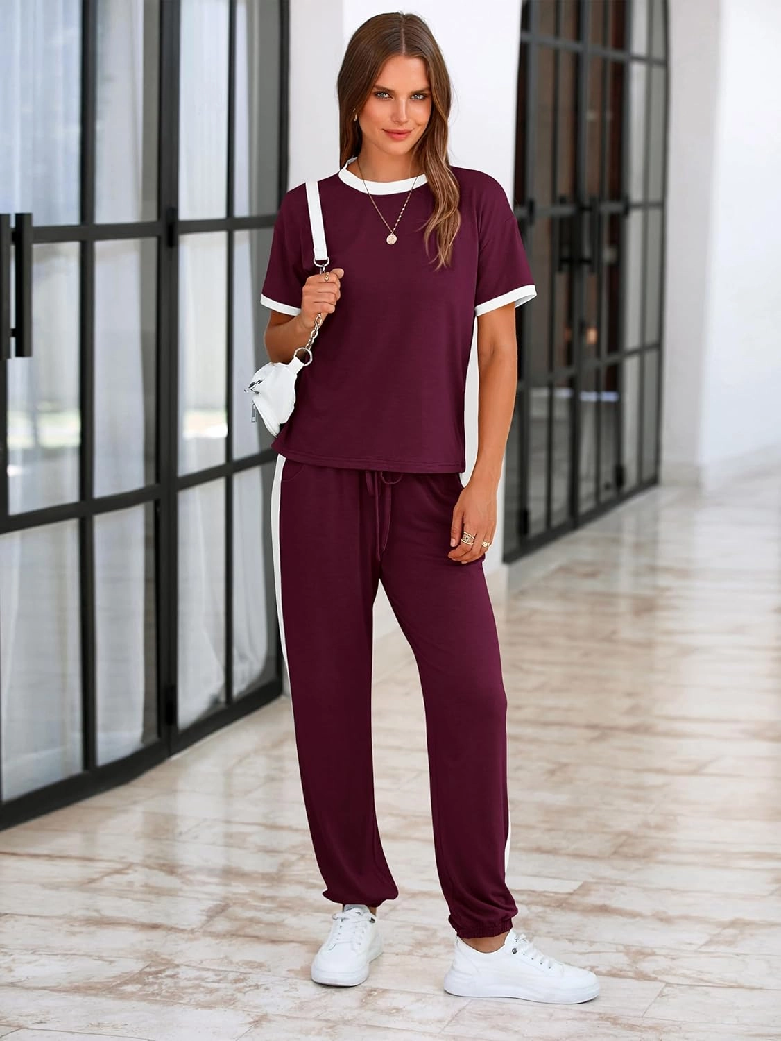 MASCOMODA Womens 2 Piece Outfits 2025 Summer Tracksuit Sets Short Sleeve Tops Travel Long Pants Jogger Lounge Set