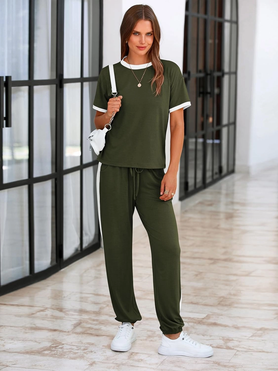 MASCOMODA Womens 2 Piece Outfits 2025 Summer Tracksuit Sets Short Sleeve Tops Travel Long Pants Jogger Lounge Set