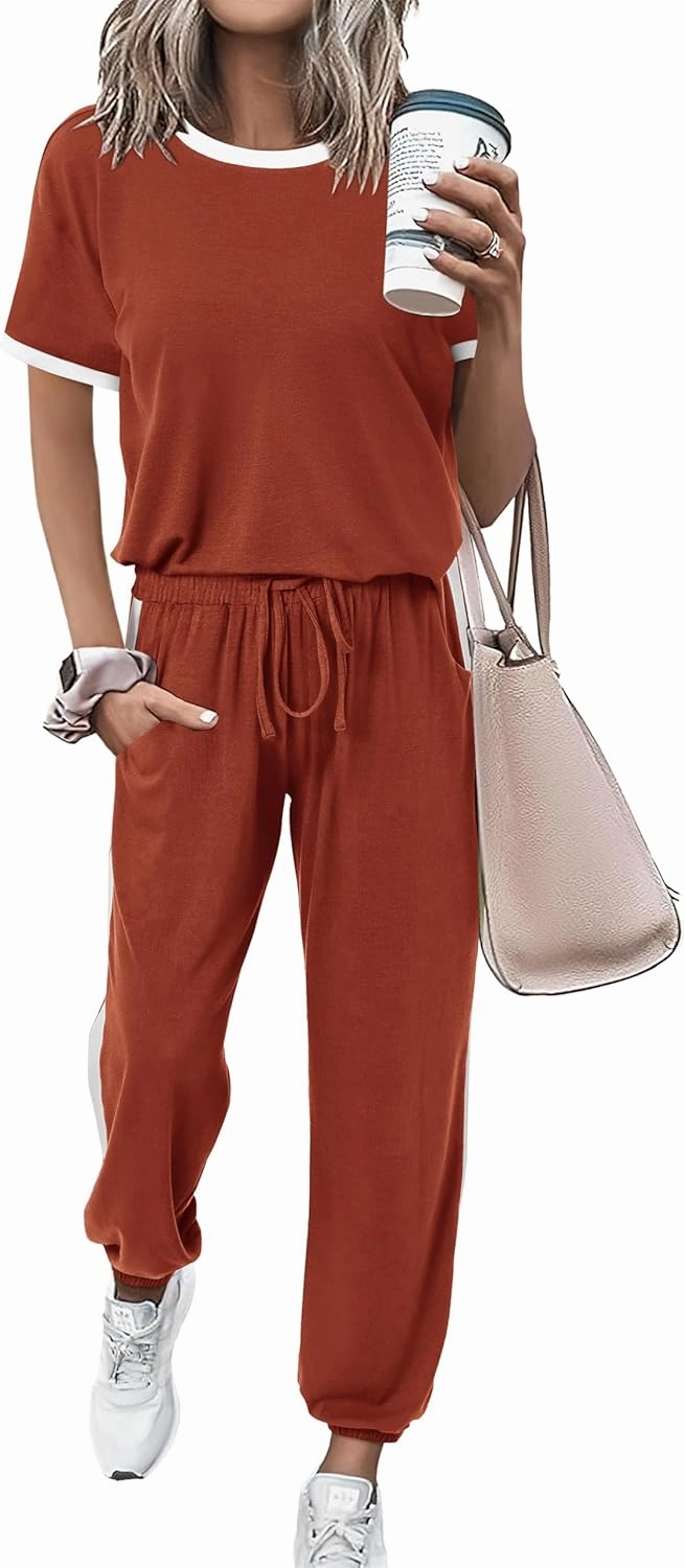 MASCOMODA Womens 2 Piece Outfits 2025 Summer Tracksuit Sets Short Sleeve Tops Travel Long Pants Jogger Lounge Set