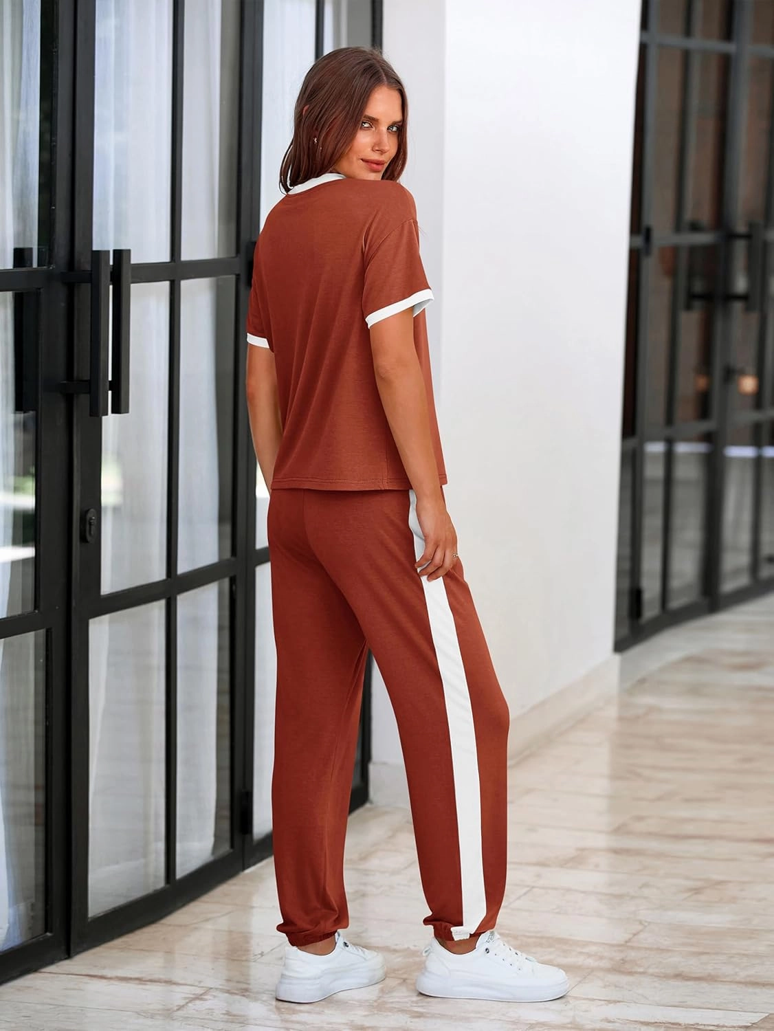 MASCOMODA Womens 2 Piece Outfits 2025 Summer Tracksuit Sets Short Sleeve Tops Travel Long Pants Jogger Lounge Set