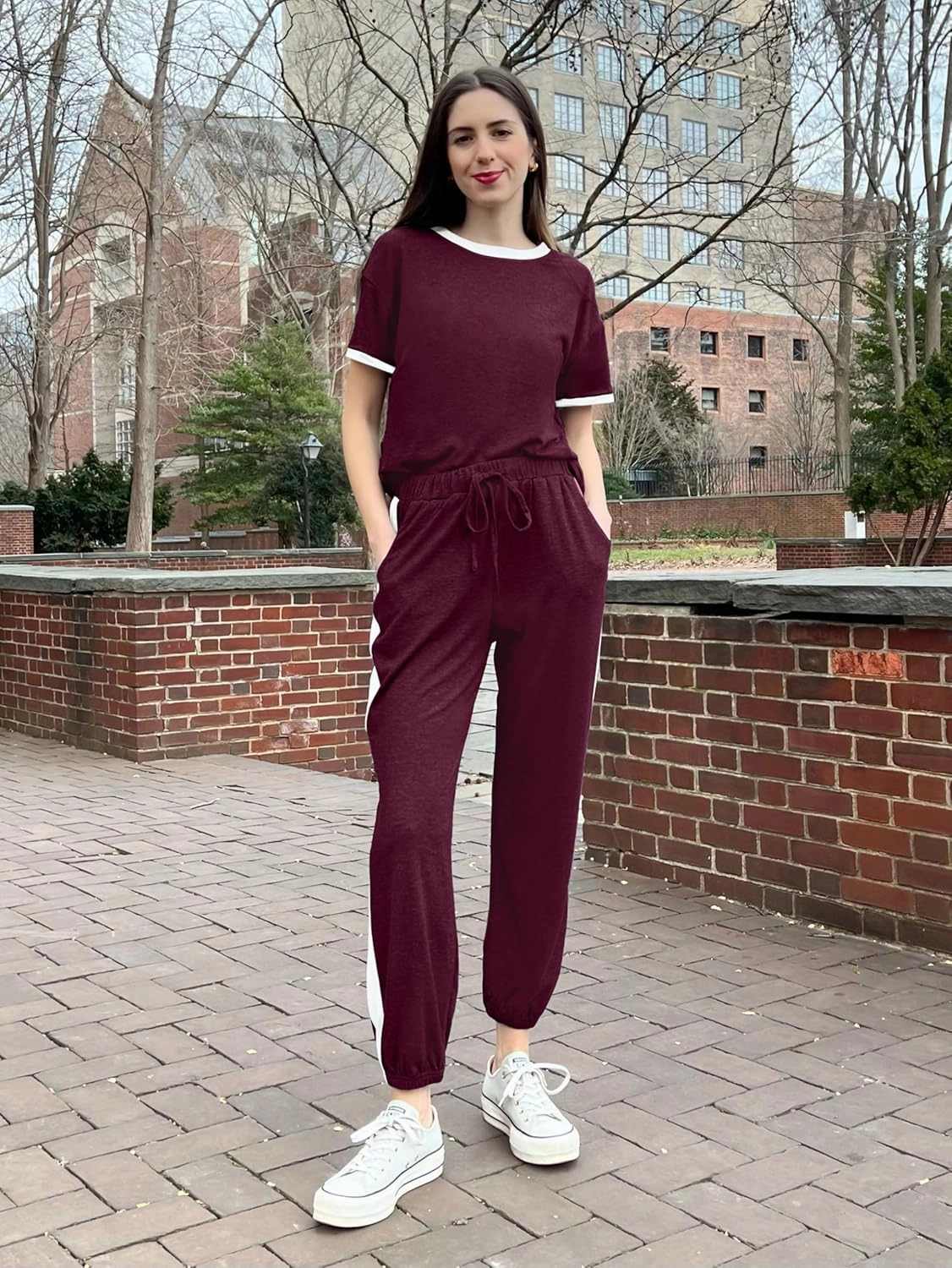 MASCOMODA Womens 2 Piece Outfits 2025 Summer Tracksuit Sets Short Sleeve Tops Travel Long Pants Jogger Lounge Set