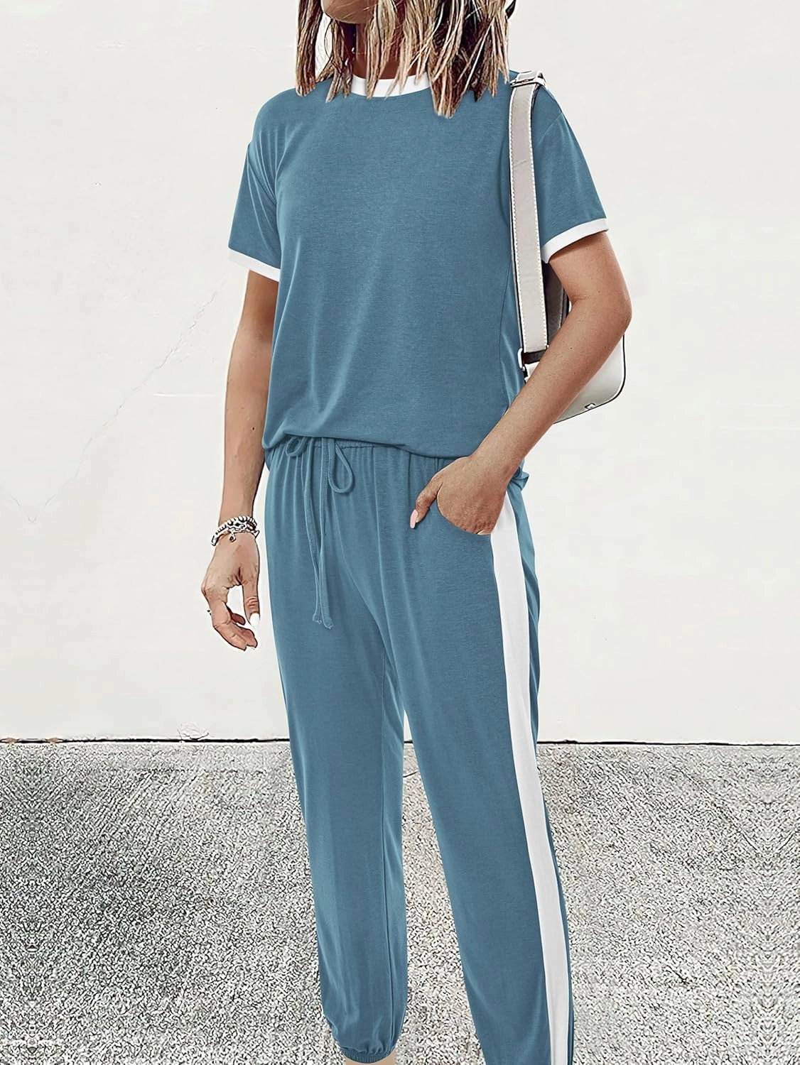 MASCOMODA Womens 2 Piece Outfits 2025 Summer Tracksuit Sets Short Sleeve Tops Travel Long Pants Jogger Lounge Set