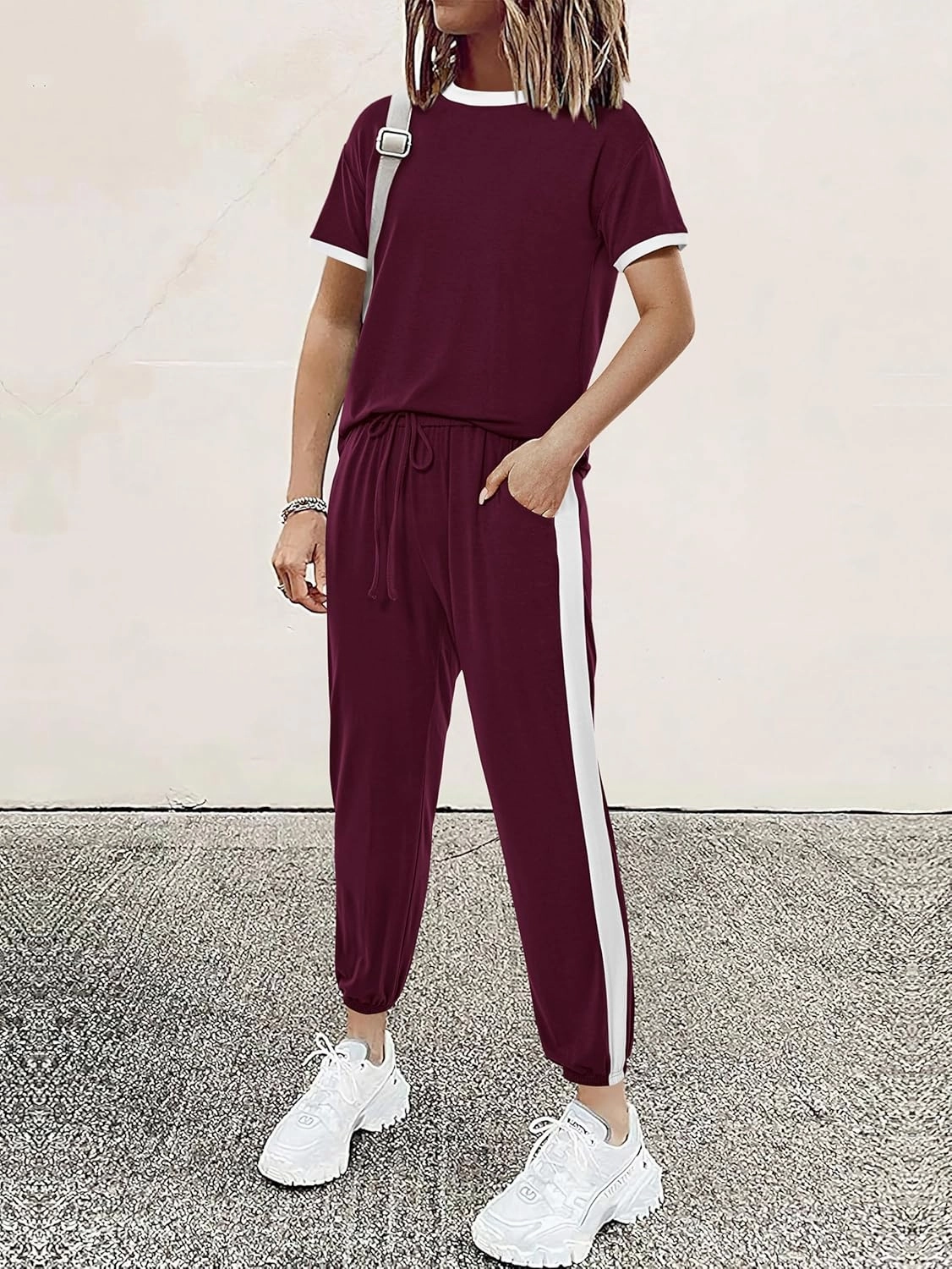MASCOMODA Womens 2 Piece Outfits 2025 Summer Tracksuit Sets Short Sleeve Tops Travel Long Pants Jogger Lounge Set