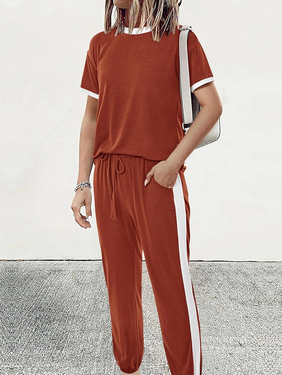 MASCOMODA Womens 2 Piece Outfits 2025 Summer Tracksuit Sets Short Sleeve Tops Travel Long Pants Jogger Lounge Set