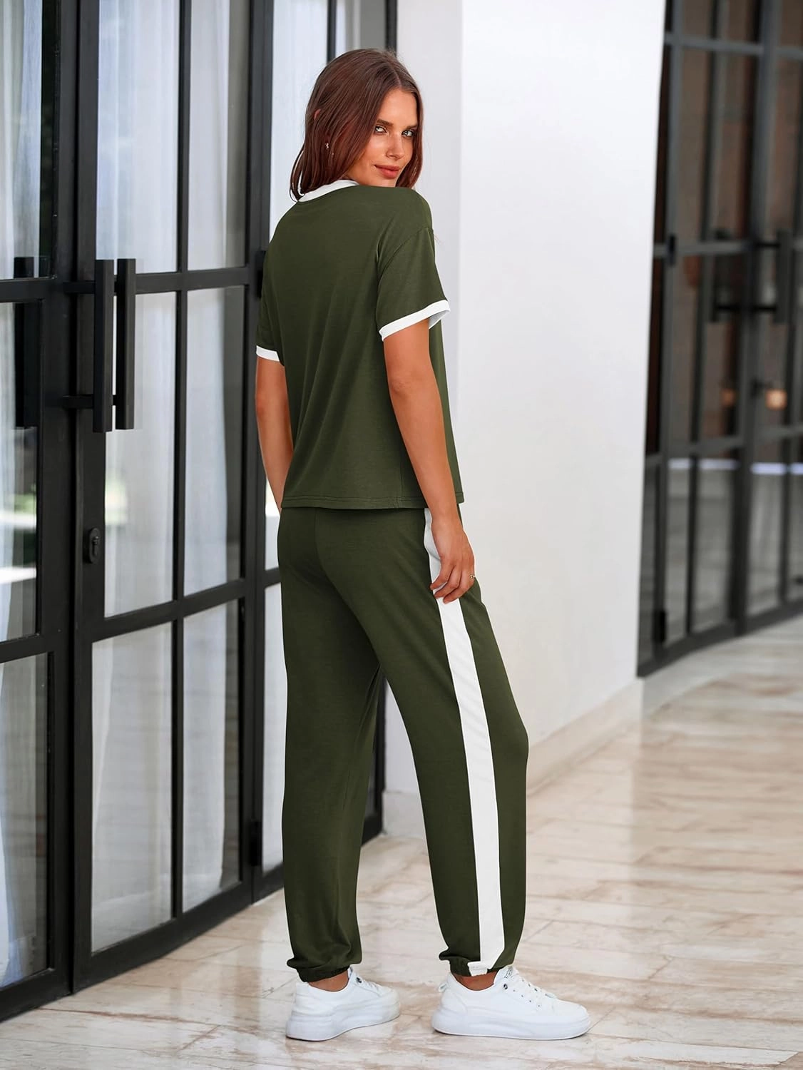 MASCOMODA Womens 2 Piece Outfits 2025 Summer Tracksuit Sets Short Sleeve Tops Travel Long Pants Jogger Lounge Set