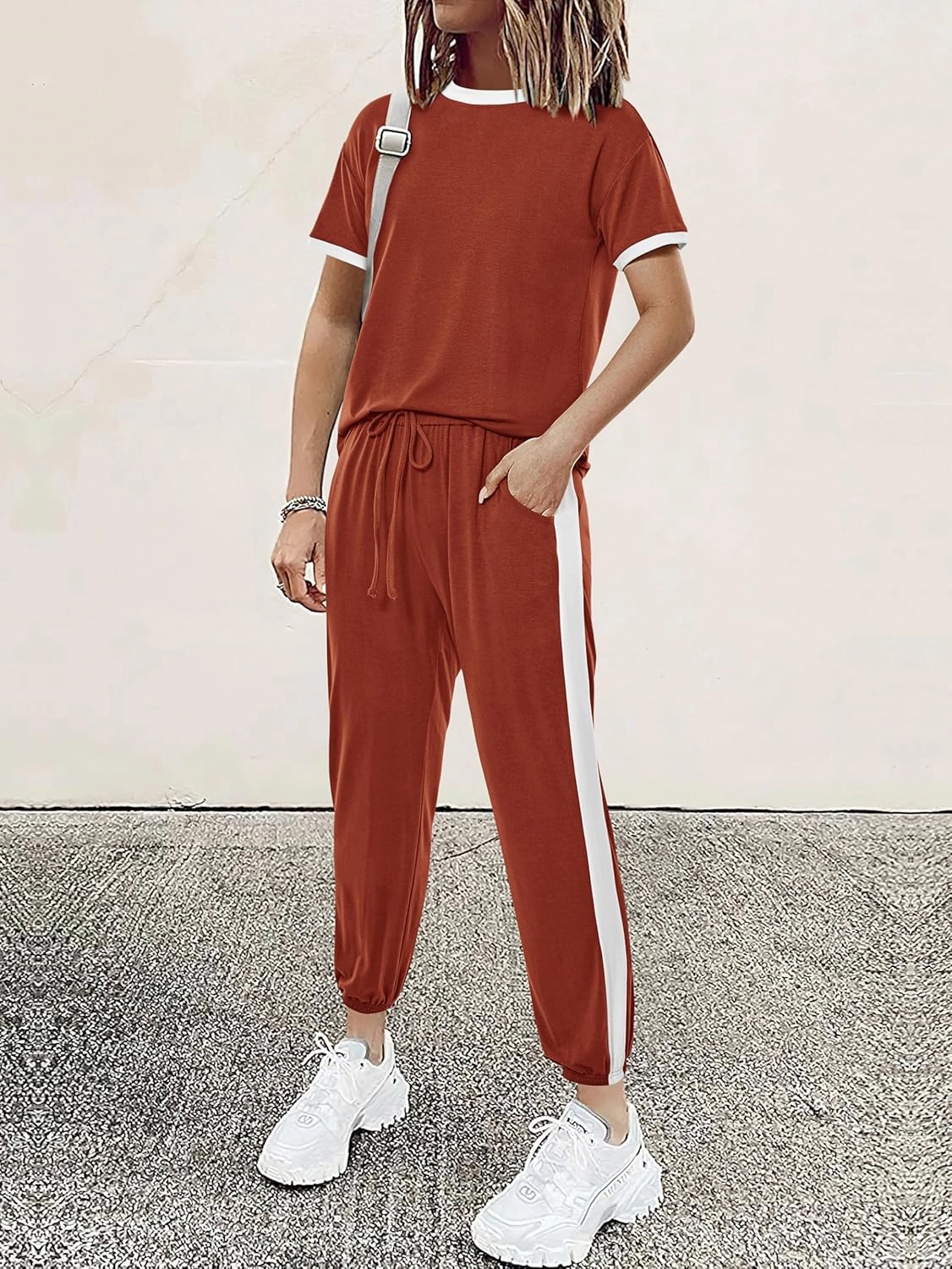 MASCOMODA Womens 2 Piece Outfits 2025 Summer Tracksuit Sets Short Sleeve Tops Travel Long Pants Jogger Lounge Set