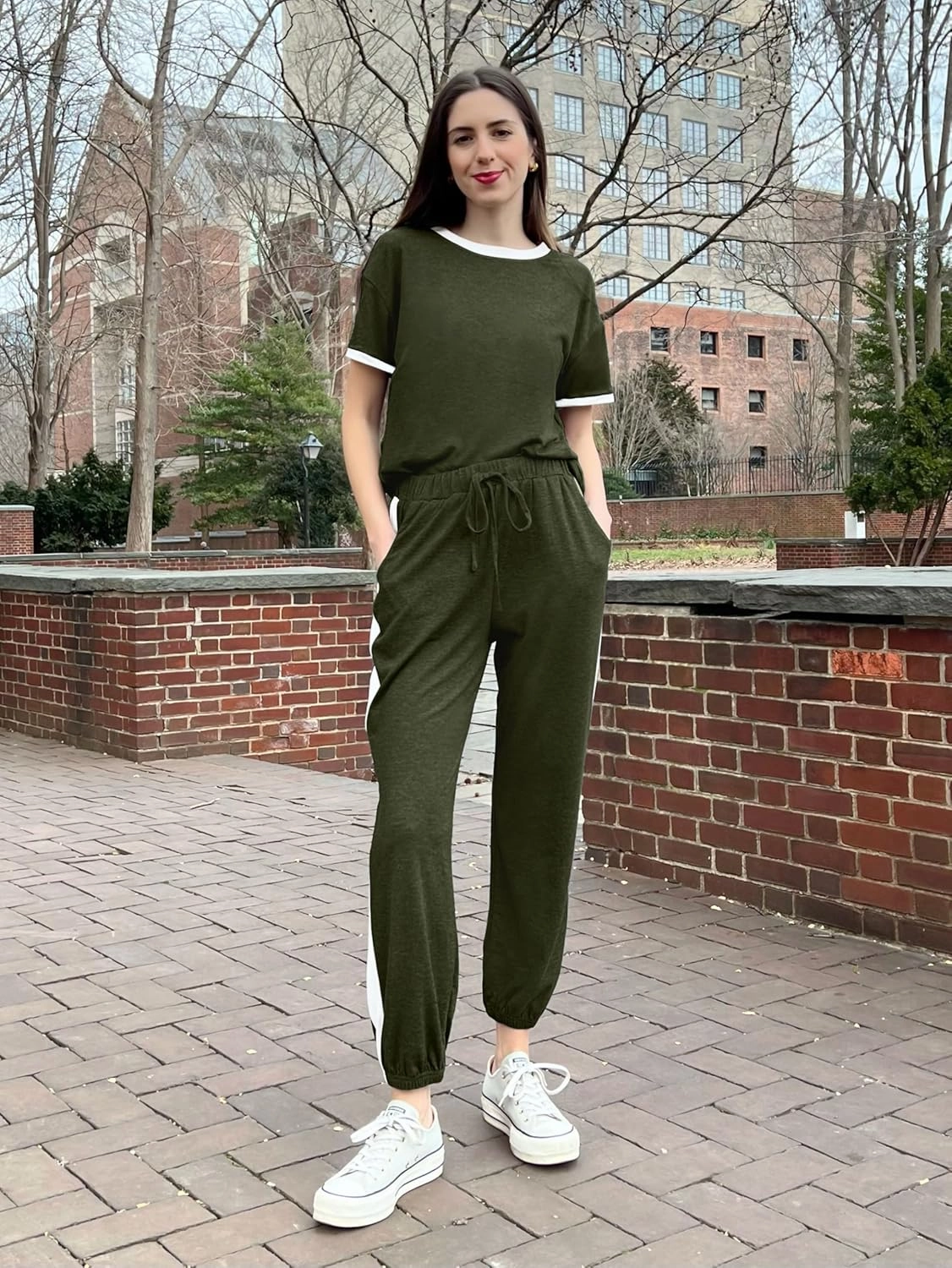 MASCOMODA Womens 2 Piece Outfits 2025 Summer Tracksuit Sets Short Sleeve Tops Travel Long Pants Jogger Lounge Set