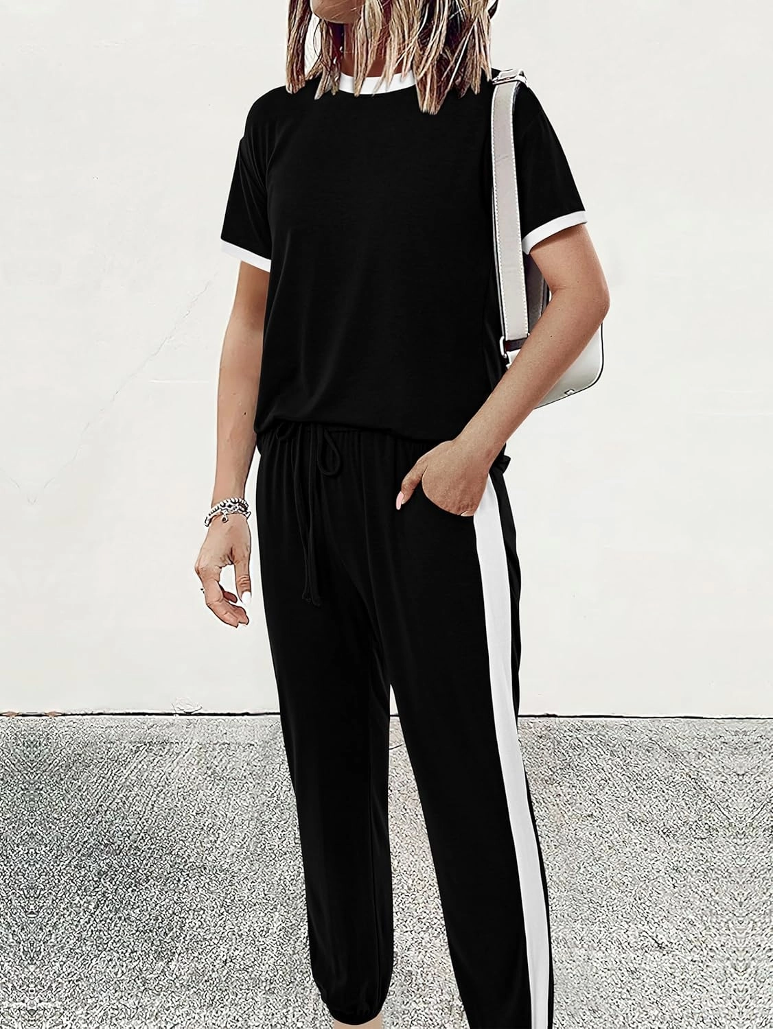 MASCOMODA Womens 2 Piece Outfits 2025 Summer Tracksuit Sets Short Sleeve Tops Travel Long Pants Jogger Lounge Set