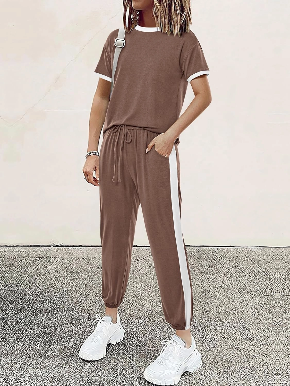 MASCOMODA Womens 2 Piece Outfits 2025 Summer Tracksuit Sets Short Sleeve Tops Travel Long Pants Jogger Lounge Set
