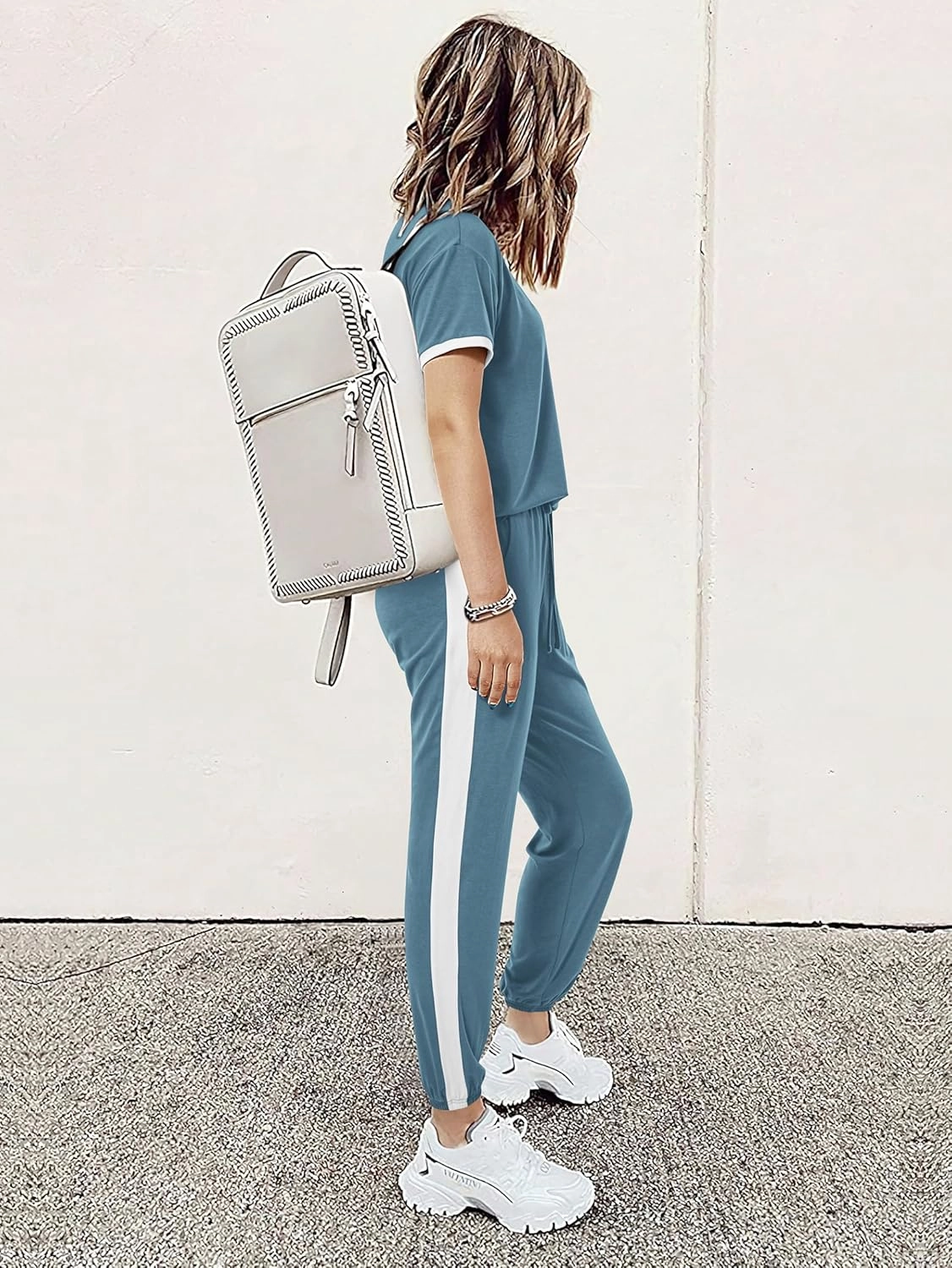 MASCOMODA Womens 2 Piece Outfits 2025 Summer Tracksuit Sets Short Sleeve Tops Travel Long Pants Jogger Lounge Set