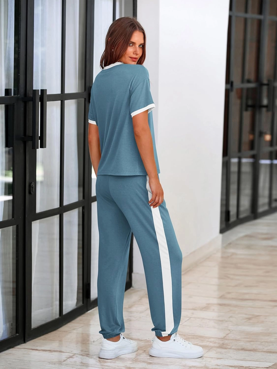 MASCOMODA Womens 2 Piece Outfits 2025 Summer Tracksuit Sets Short Sleeve Tops Travel Long Pants Jogger Lounge Set