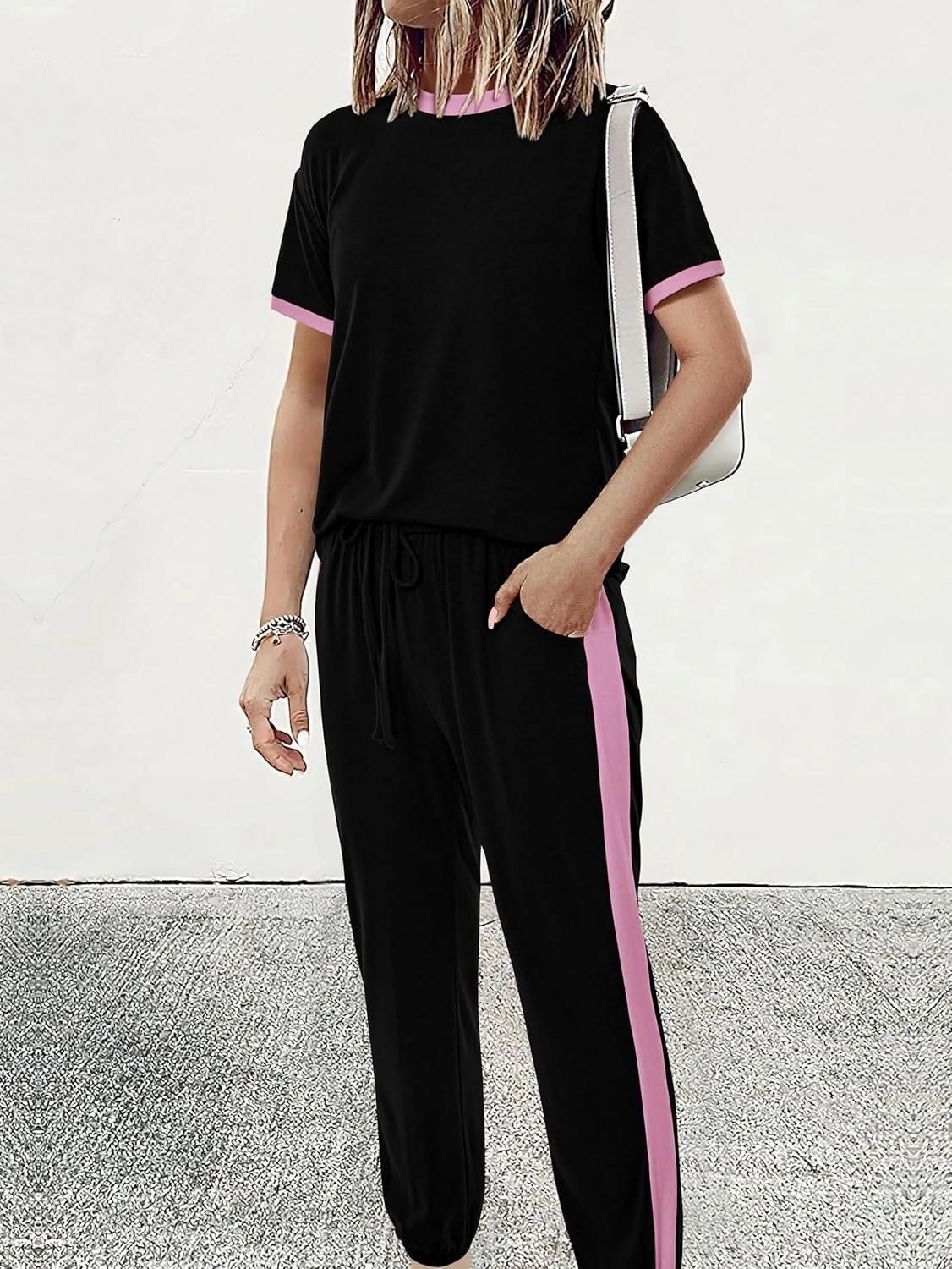 MASCOMODA Womens 2 Piece Outfits 2025 Summer Tracksuit Sets Short Sleeve Tops Travel Long Pants Jogger Lounge Set