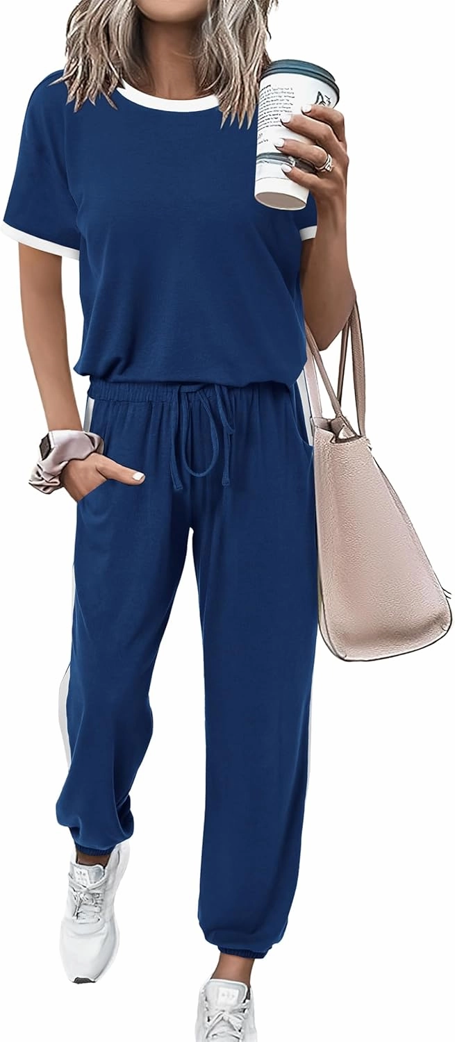 MASCOMODA Womens 2 Piece Outfits 2025 Summer Tracksuit Sets Short Sleeve Tops Travel Long Pants Jogger Lounge Set