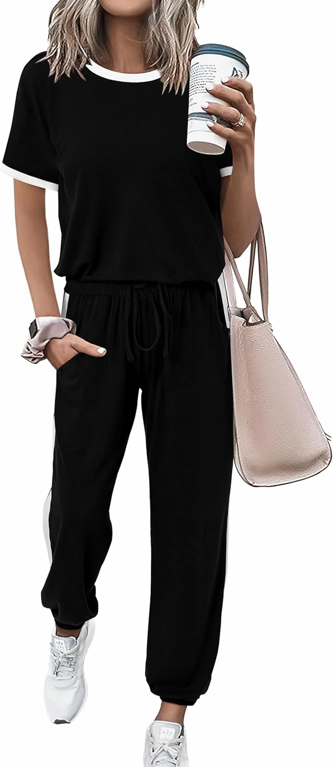 MASCOMODA Womens 2 Piece Outfits 2025 Summer Tracksuit Sets Short Sleeve Tops Travel Long Pants Jogger Lounge Set