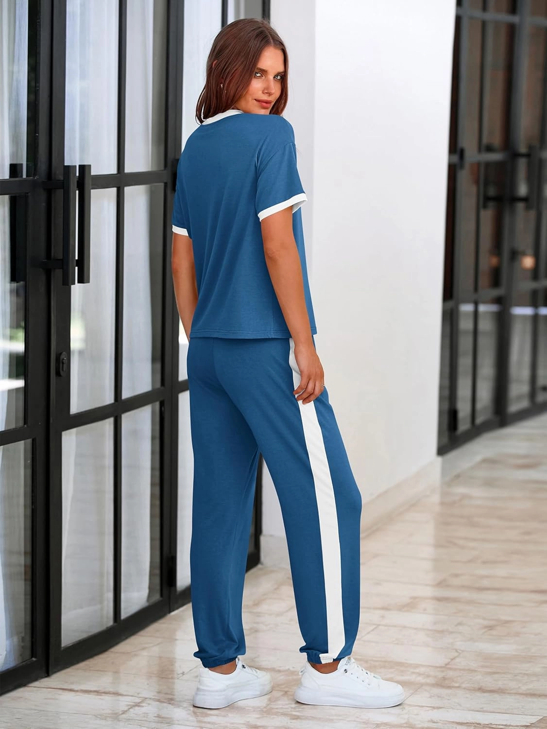 MASCOMODA Womens 2 Piece Outfits 2025 Summer Tracksuit Sets Short Sleeve Tops Travel Long Pants Jogger Lounge Set