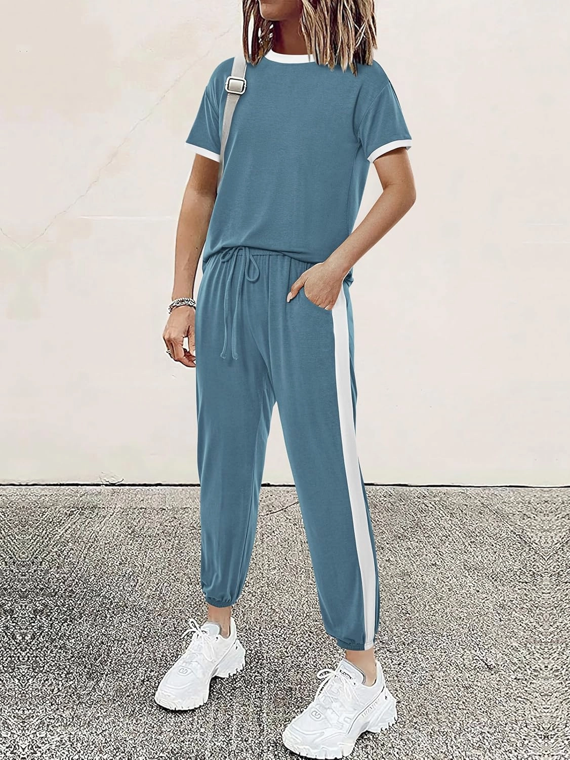 MASCOMODA Womens 2 Piece Outfits 2025 Summer Tracksuit Sets Short Sleeve Tops Travel Long Pants Jogger Lounge Set